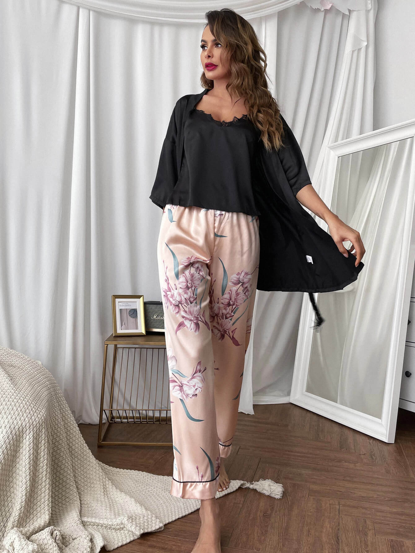 Cami, Robe, and Printed Pants Pajama Set - Amara Luxe Fine Boutique