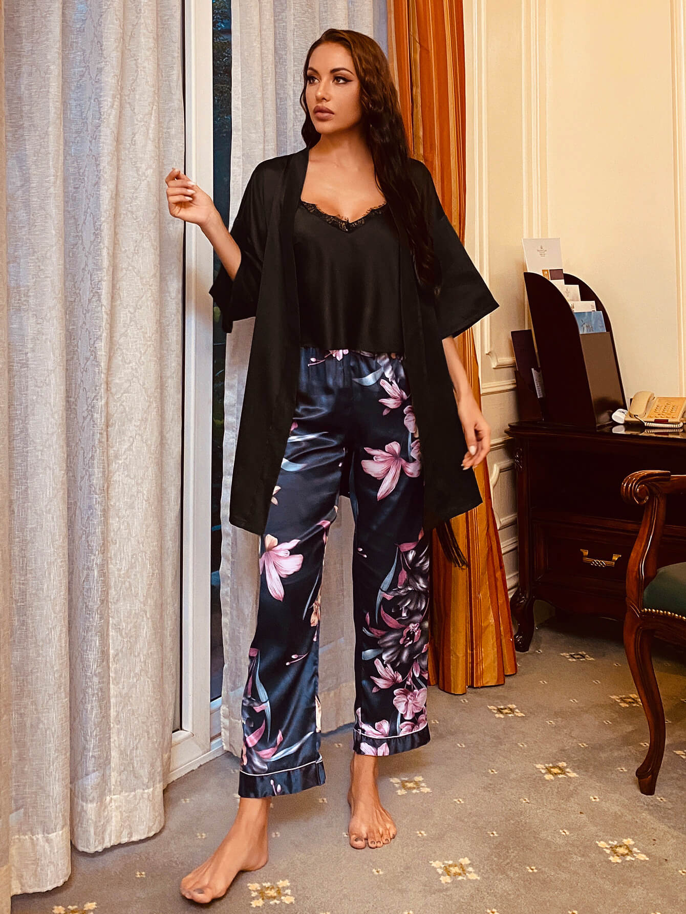 Cami, Robe, and Printed Pants Pajama Set - Amara Luxe Fine Boutique