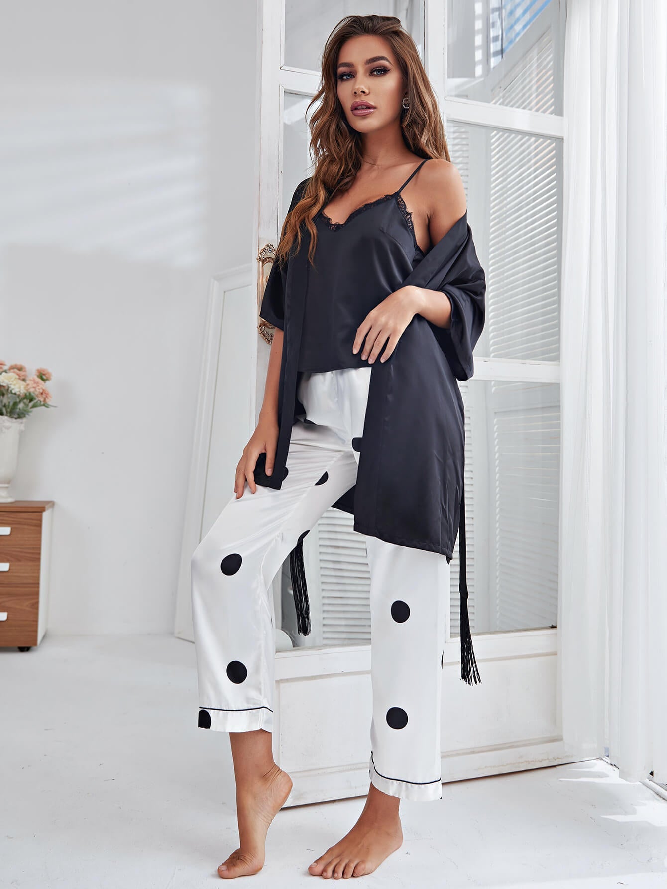 Cami, Robe, and Printed Pants Pajama Set - Amara Luxe Fine Boutique