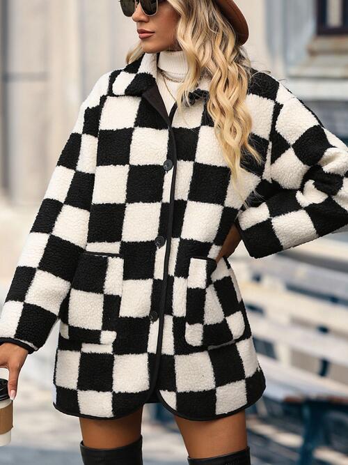 Double Take Full Size Checkered Button Front Coat with Pockets - Amara Luxe Fine Boutique