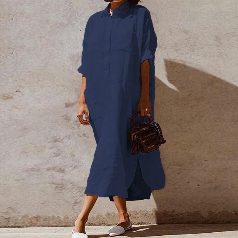 Elegant Solid Color Slit Dress Long Shirt Dress - Amara Luxe Fine Boutique