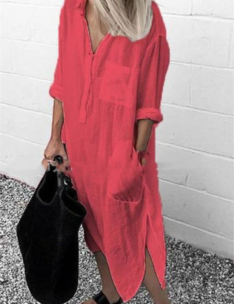 Elegant Solid Color Slit Dress Long Shirt Dress - Amara Luxe Fine Boutique