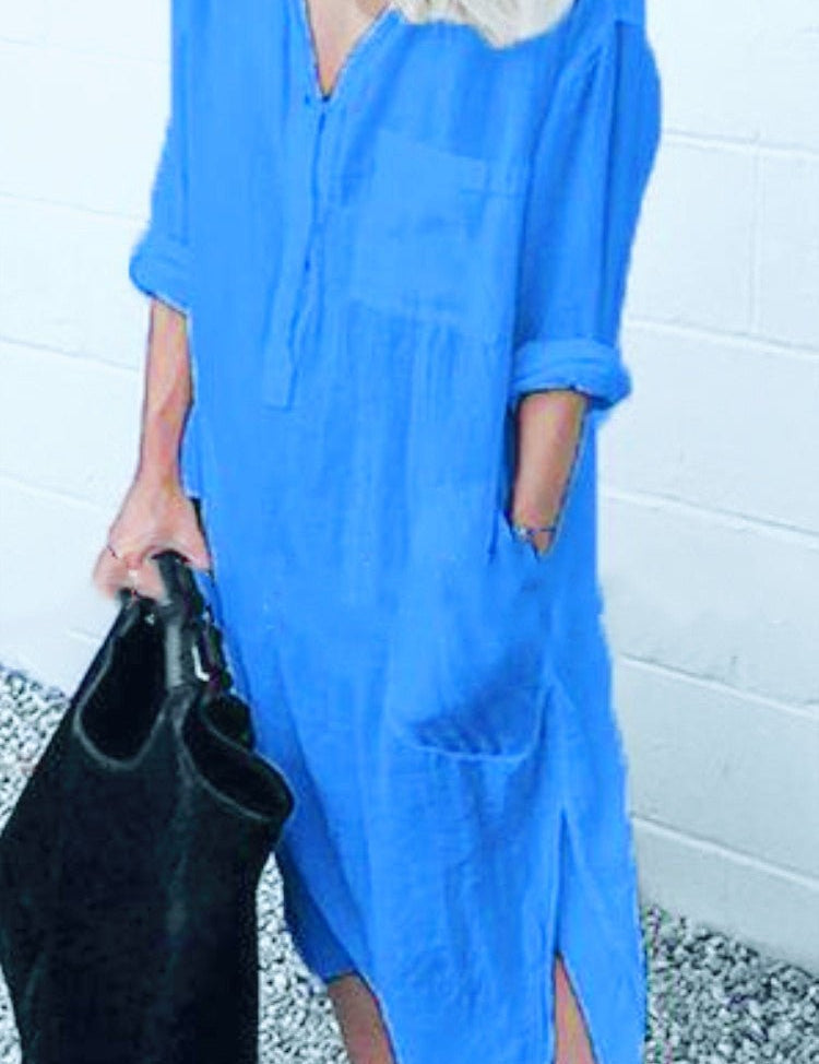 Elegant Solid Color Slit Dress Long Shirt Dress - Amara Luxe Fine Boutique