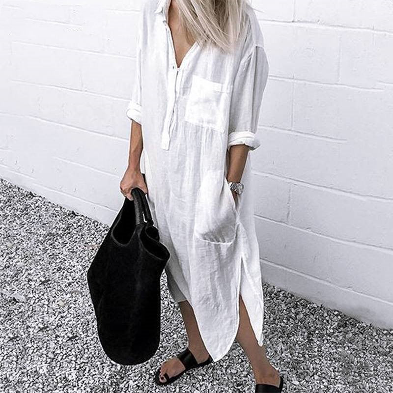 Elegant Solid Color Slit Dress Long Shirt Dress - Amara Luxe Fine Boutique