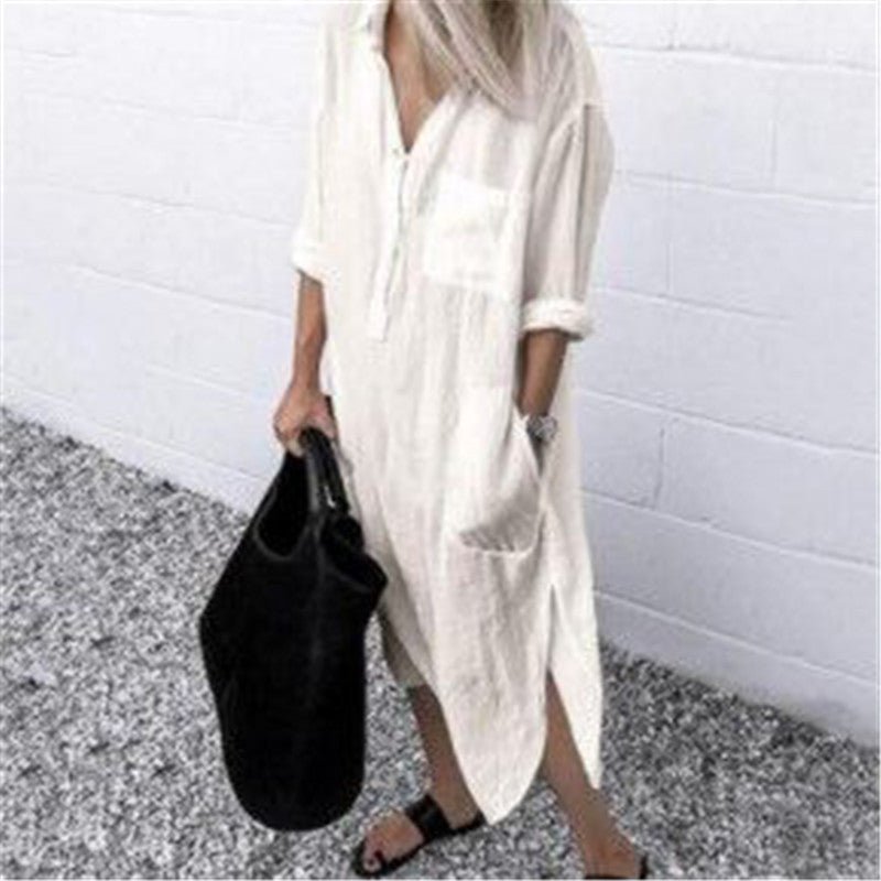 Elegant Solid Color Slit Dress Long Shirt Dress - Amara Luxe Fine Boutique