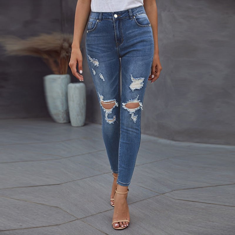 European American Summer New Casual Worn High Waist Cropped Pants Ripped Jeans - Amara Luxe Fine Boutique
