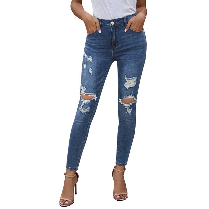 European American Summer New Casual Worn High Waist Cropped Pants Ripped Jeans - Amara Luxe Fine Boutique
