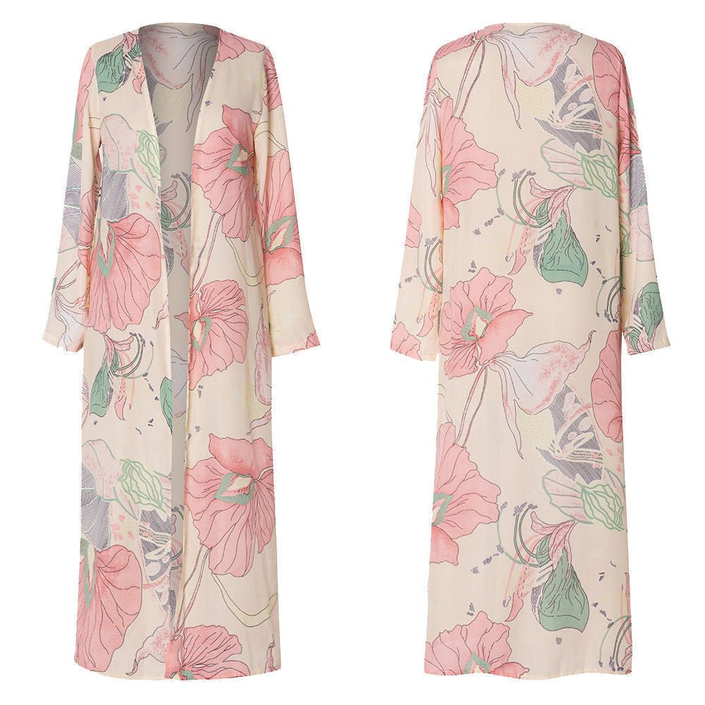 European and American printed chiffon cardigan plus long beach blouse sun protection clothing - Amara Luxe Fine Boutique