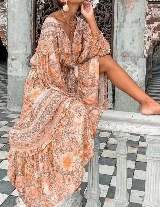 Fashion Sexy V-neck Printed Long-sleeved Big Swing Dress - Amara Luxe Fine Boutique