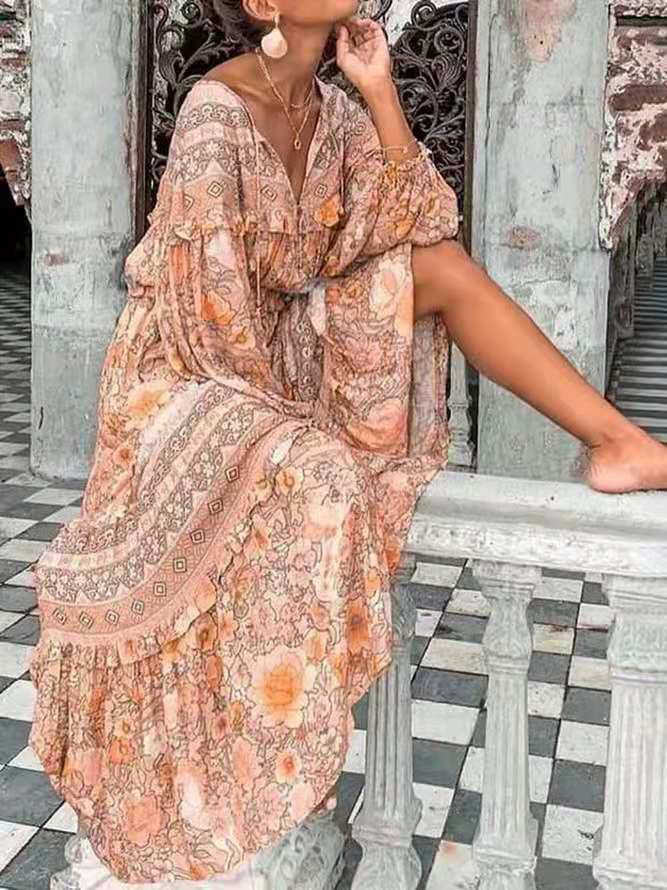 Fashion Sexy V-neck Printed Long-sleeved Big Swing Dress - Amara Luxe Fine Boutique