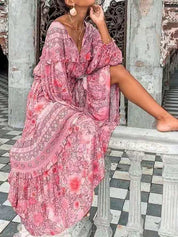 Fashion Sexy V-neck Printed Long-sleeved Big Swing Dress - Amara Luxe Fine Boutique