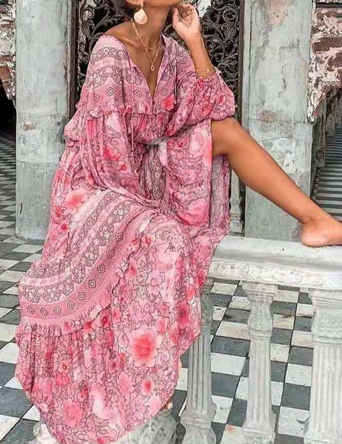Fashion Sexy V-neck Printed Long-sleeved Big Swing Dress - Amara Luxe Fine Boutique