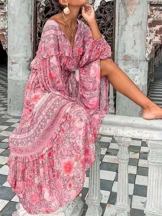 Fashion Sexy V-neck Printed Long-sleeved Big Swing Dress - Amara Luxe Fine Boutique