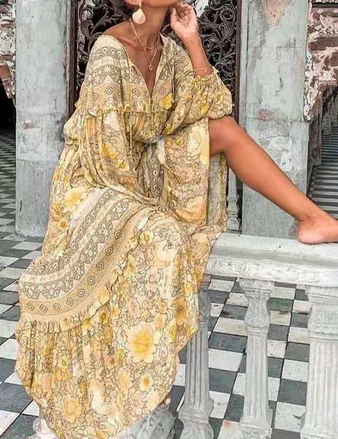 Fashion Sexy V-neck Printed Long-sleeved Big Swing Dress - Amara Luxe Fine Boutique