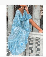 Fashion Sexy V-neck Printed Long-sleeved Big Swing Dress - Amara Luxe Fine Boutique