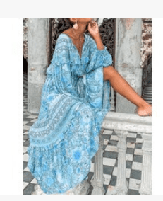 Fashion Sexy V-neck Printed Long-sleeved Big Swing Dress - Amara Luxe Fine Boutique