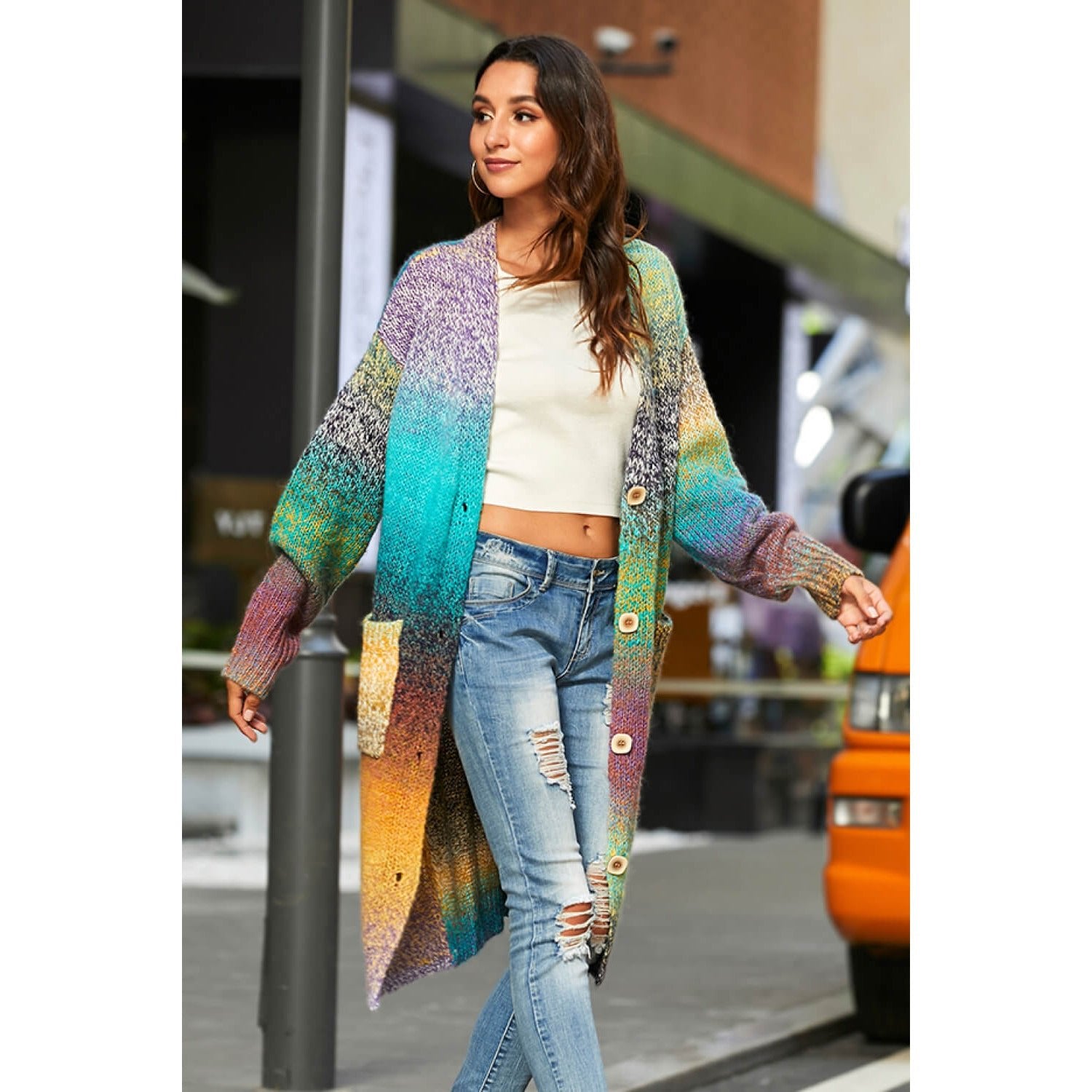 Gradient Button Down Duster Cardigan with Pockets - Amara Luxe Fine Boutique