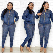 Jenny Garment Factory straight denim suit jacket with chest slimming pencil pants 3 piece set African and European best-selling fashion - Amara Luxe Fine Boutique