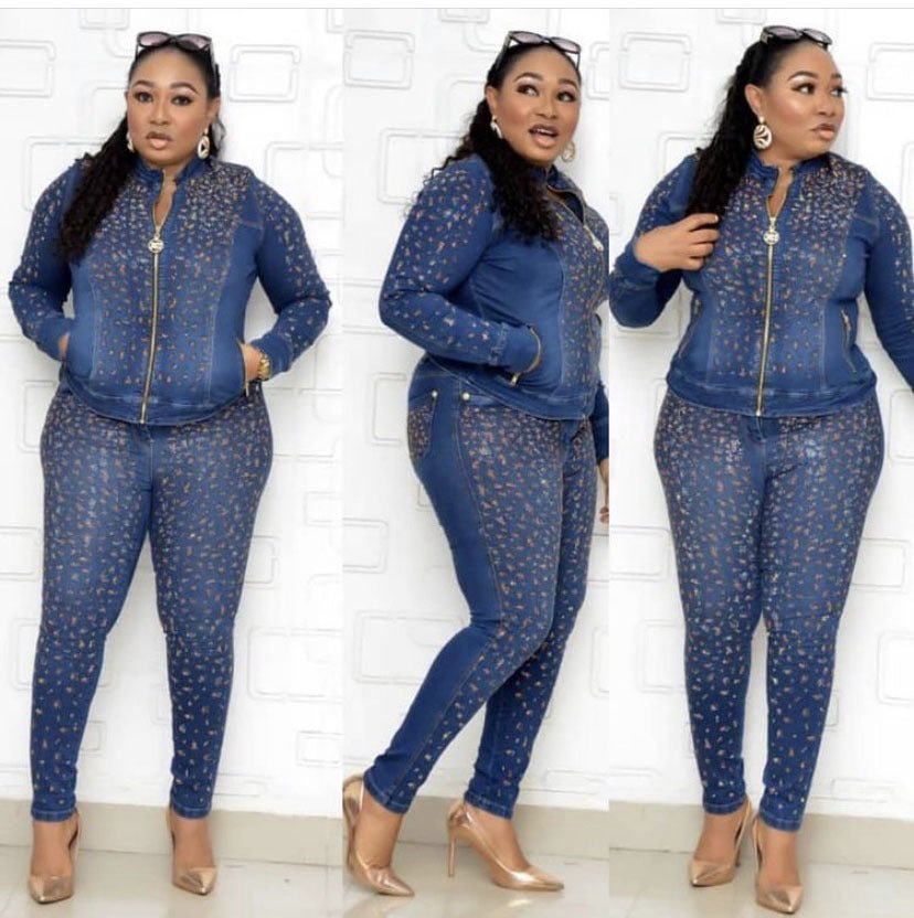 Jenny Garment Factory straight denim suit jacket with chest slimming pencil pants 3 piece set African and European best-selling fashion - Amara Luxe Fine Boutique