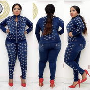 Jenny Garment Factory straight denim suit jacket with chest slimming pencil pants 3 piece set African and European best-selling fashion - Amara Luxe Fine Boutique