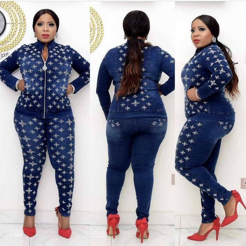 Jenny Garment Factory straight denim suit jacket with chest slimming pencil pants 3 piece set African and European best-selling fashion - Amara Luxe Fine Boutique