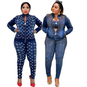 Jenny Garment Factory straight denim suit jacket with chest slimming pencil pants 3 piece set African and European best-selling fashion - Amara Luxe Fine Boutique
