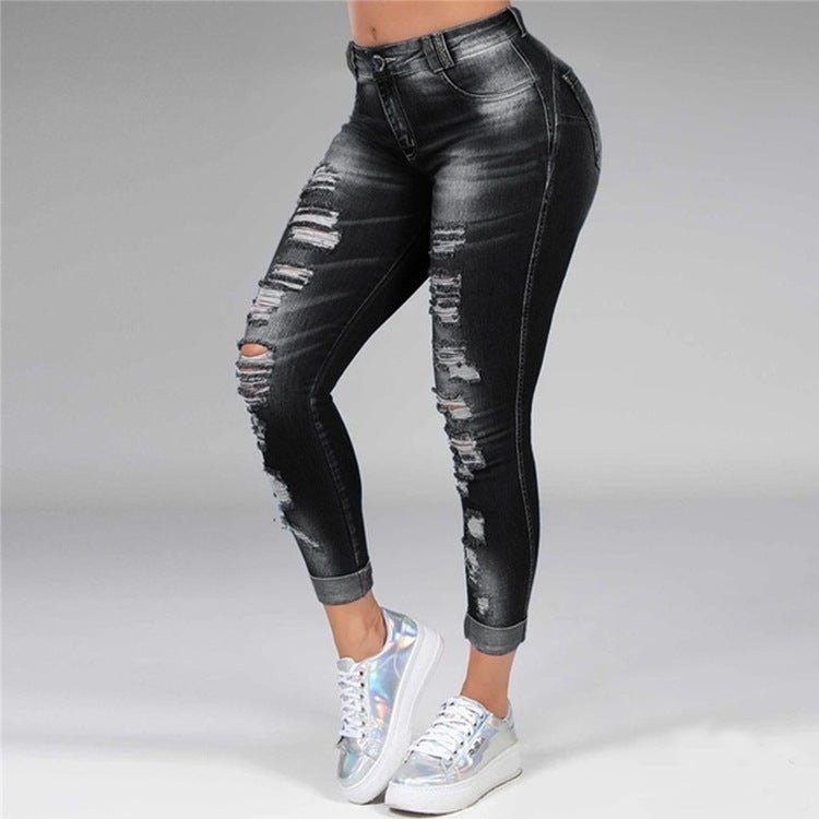 Ladies jeans ripped holes show thin stretch jeans - Amara Luxe Fine Boutique