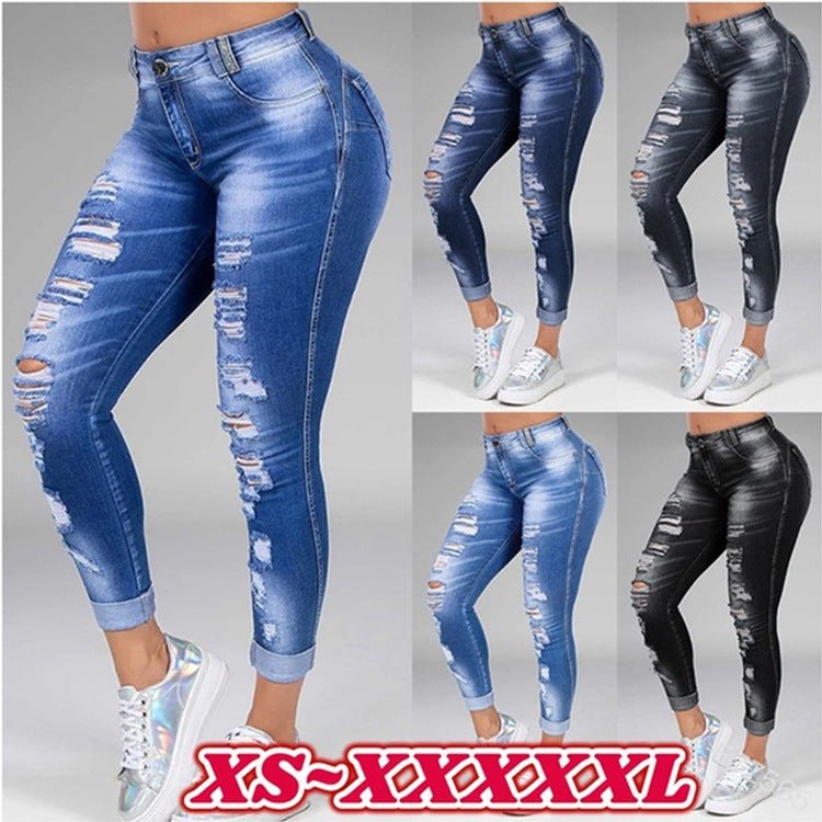 Ladies jeans ripped holes show thin stretch jeans - Amara Luxe Fine Boutique