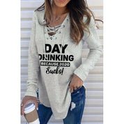 Letters Slogan Print Lace-up Drawstring Pullover Long Sleeve Top - Amara Luxe Fine Boutique