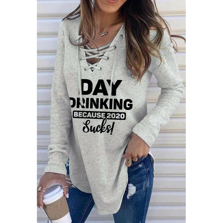 Letters Slogan Print Lace-up Drawstring Pullover Long Sleeve Top - Amara Luxe Fine Boutique