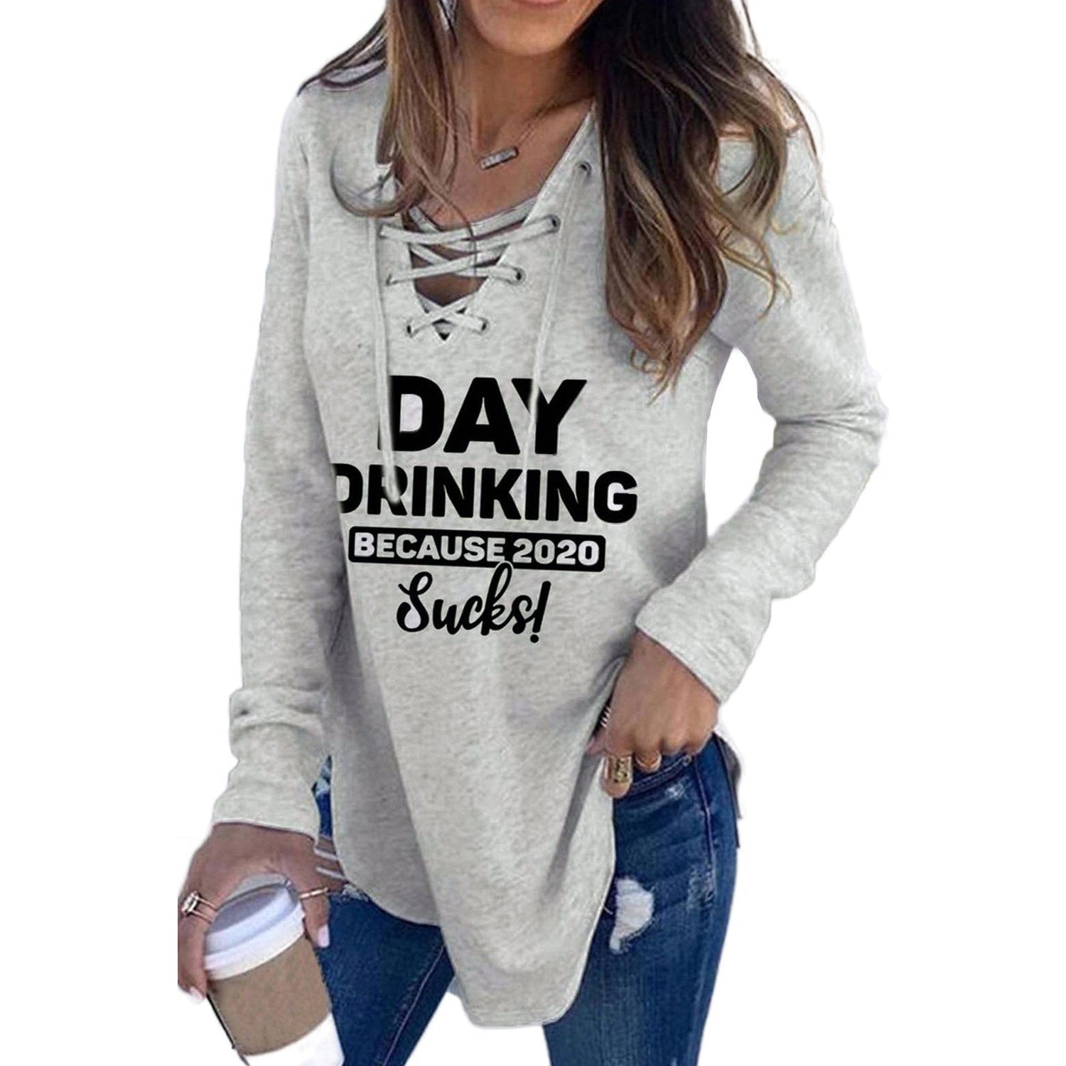 Letters Slogan Print Lace-up Drawstring Pullover Long Sleeve Top - Amara Luxe Fine Boutique