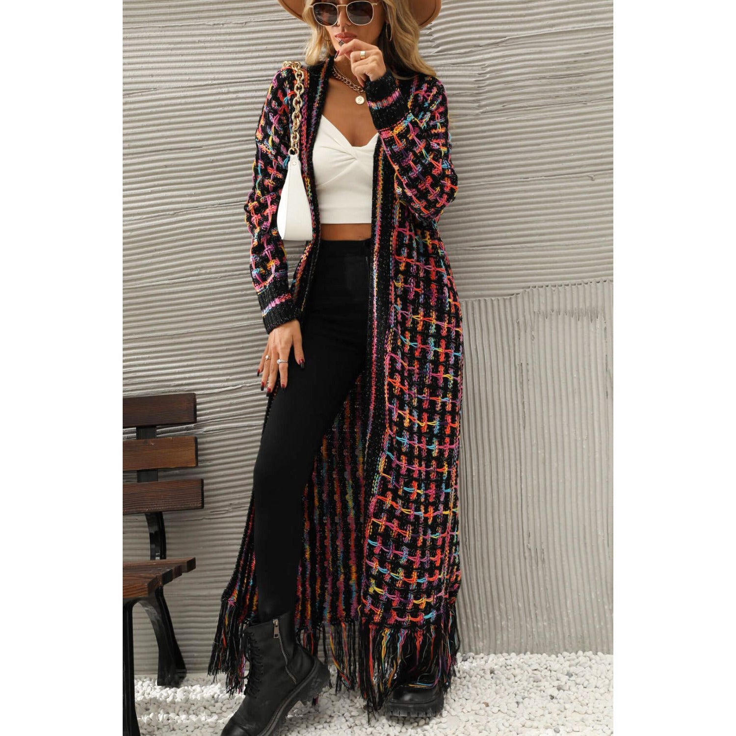 Multicolored Open Front Fringe Hem Cardigan - Amara Luxe Fine Boutique