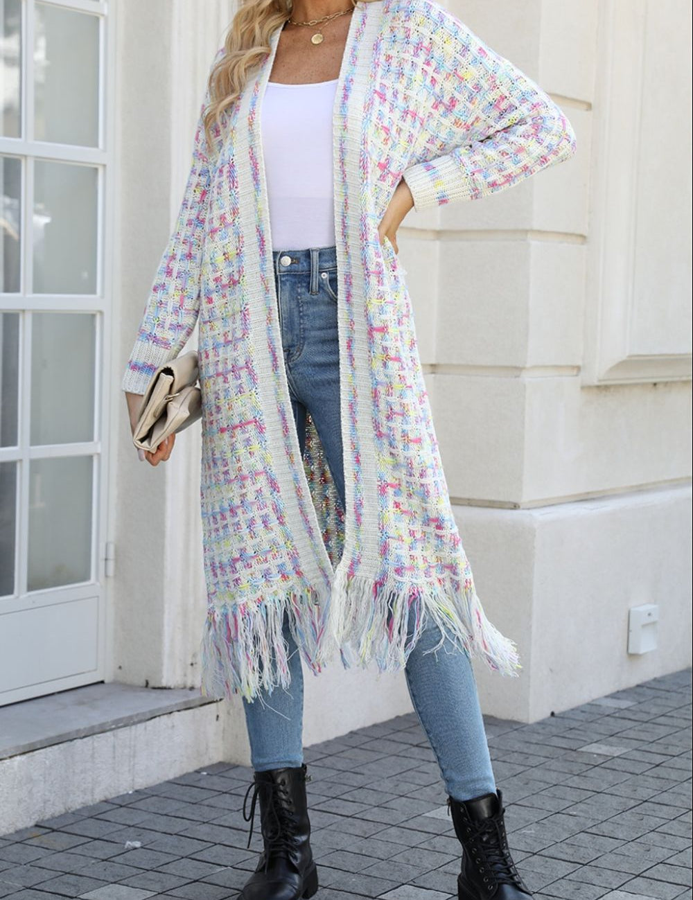 Multicolored Open Front Fringe Hem Cardigan - Amara Luxe Fine Boutique