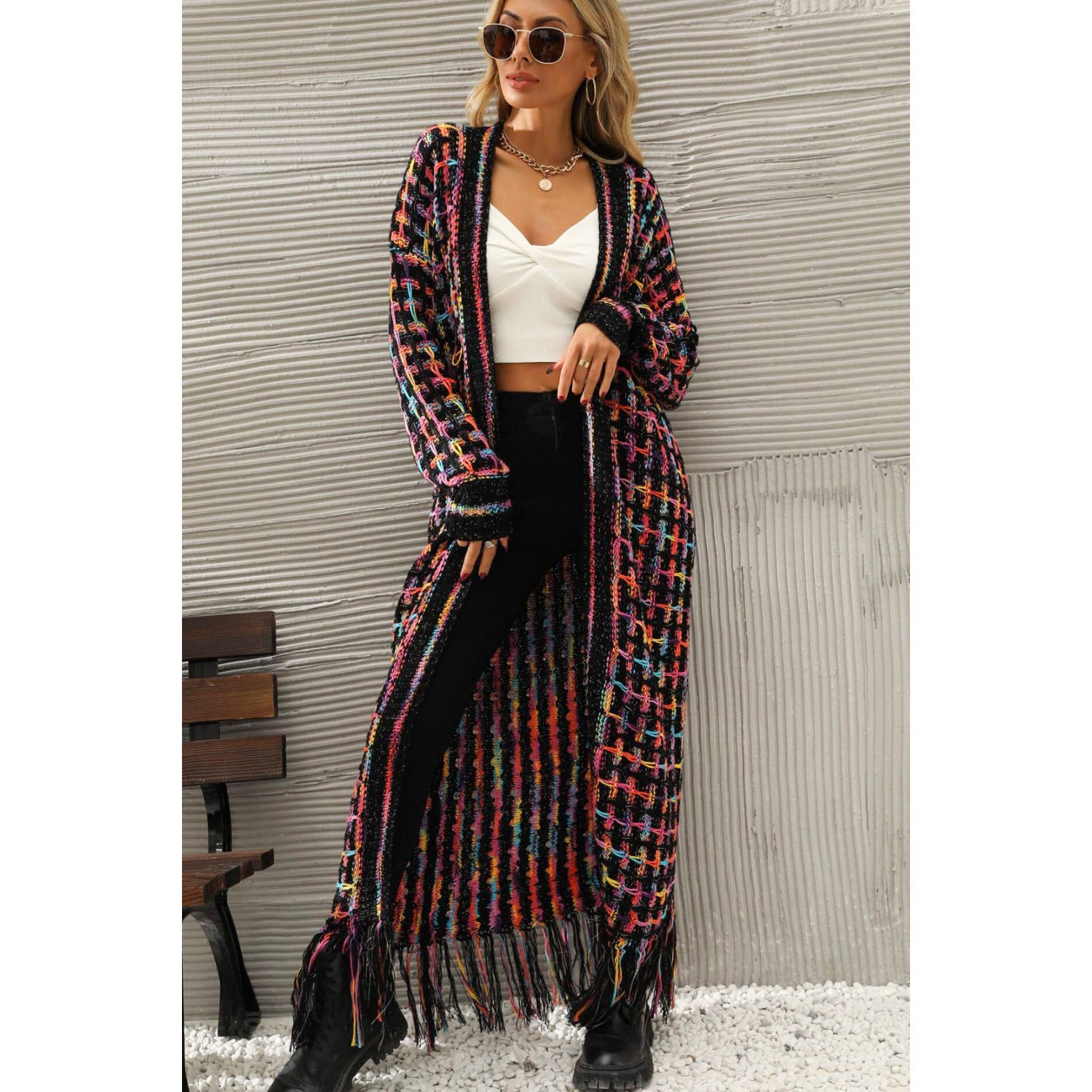 Multicolored Open Front Fringe Hem Cardigan - Amara Luxe Fine Boutique