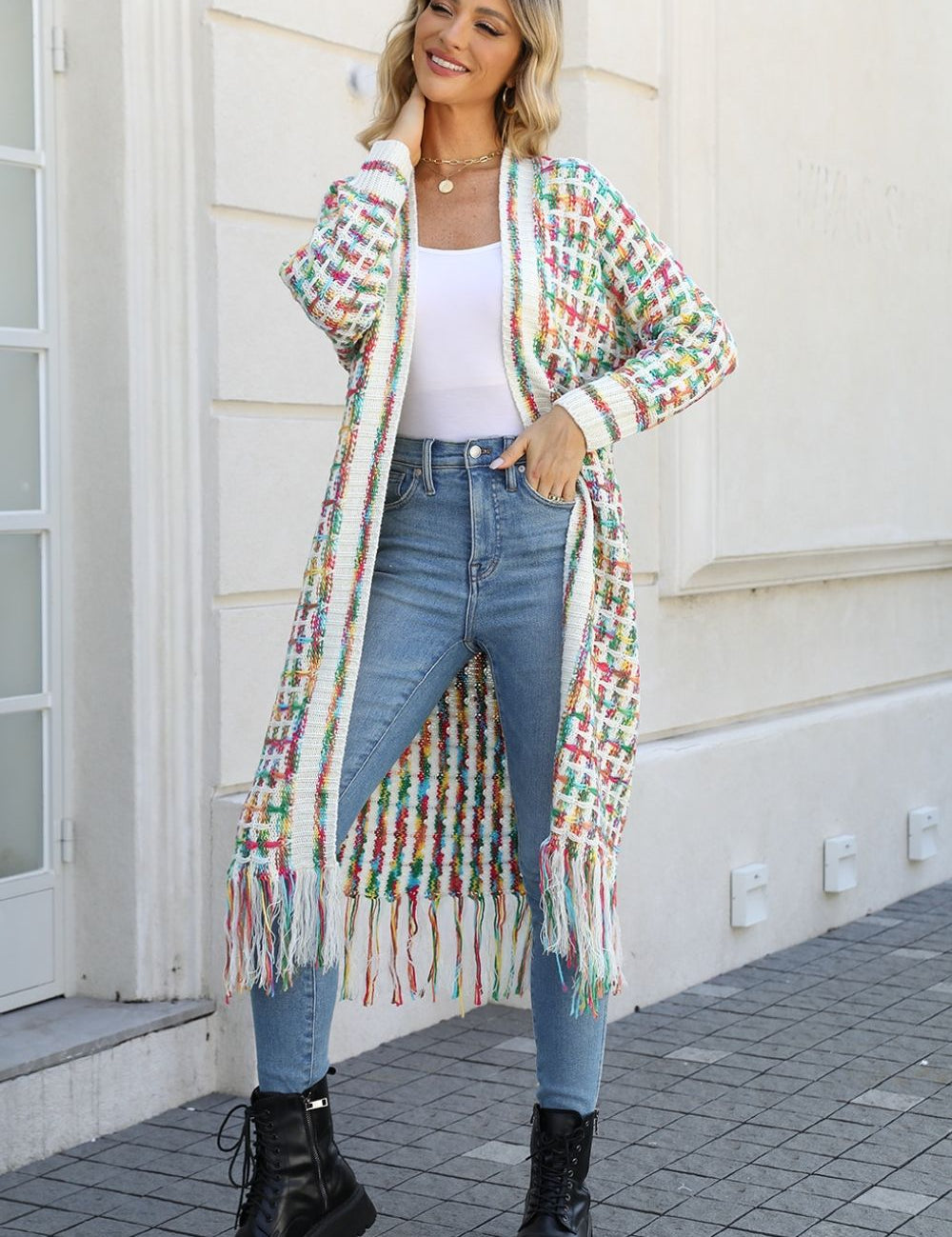 Multicolored Open Front Fringe Hem Cardigan - Amara Luxe Fine Boutique