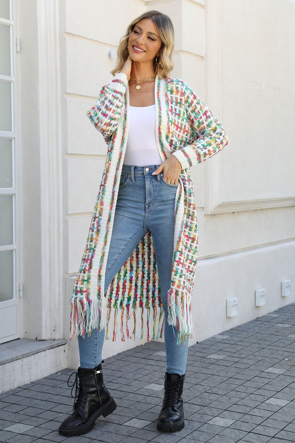 Multicolored Open Front Fringe Hem Cardigan - Amara Luxe Fine Boutique