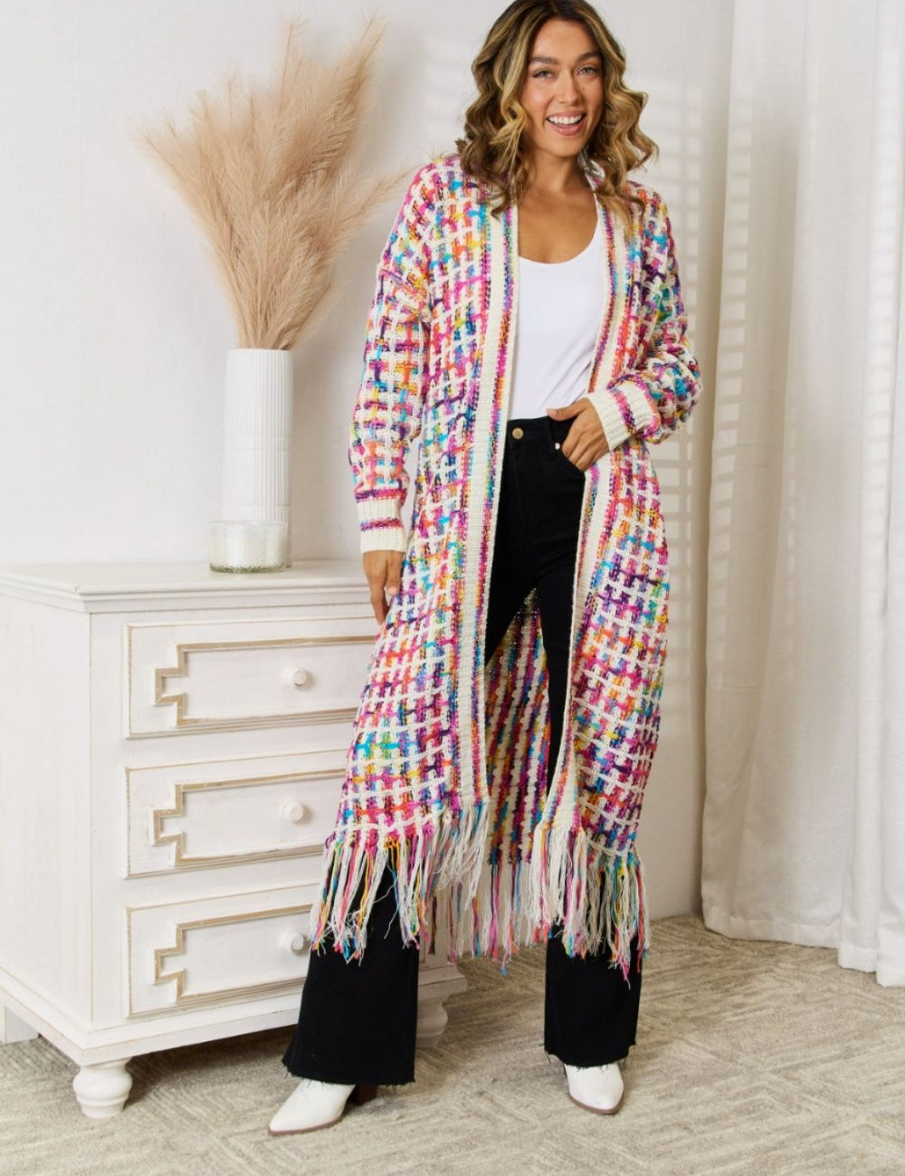 Multicolored Open Front Fringe Hem Cardigan - Amara Luxe Fine Boutique