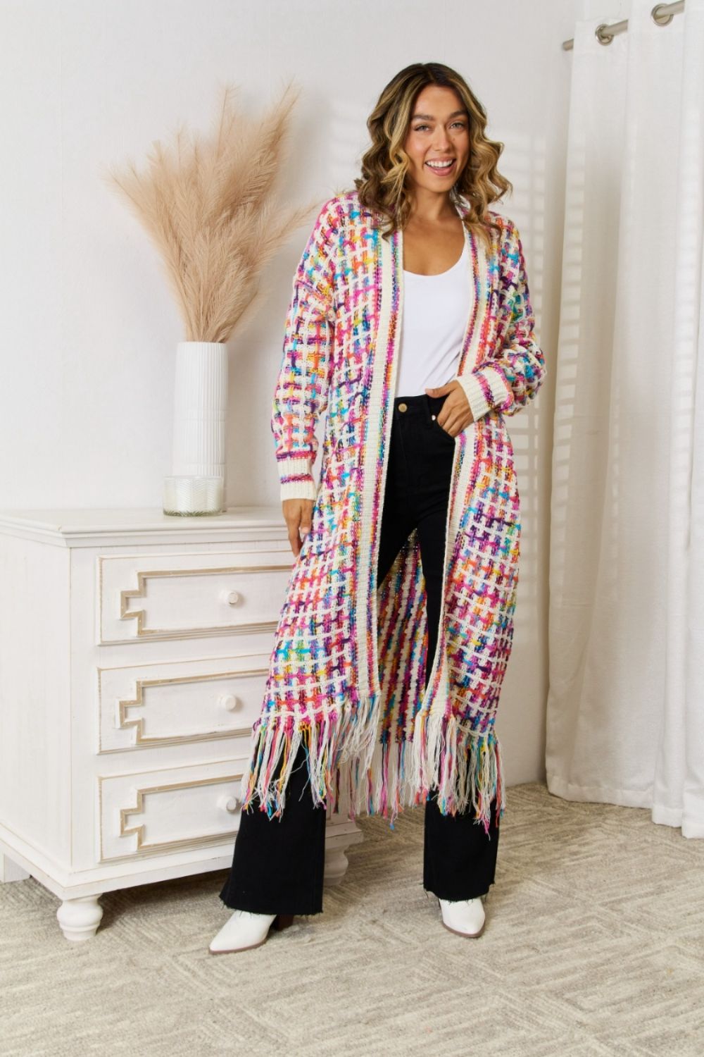 Multicolored Open Front Fringe Hem Cardigan - Amara Luxe Fine Boutique