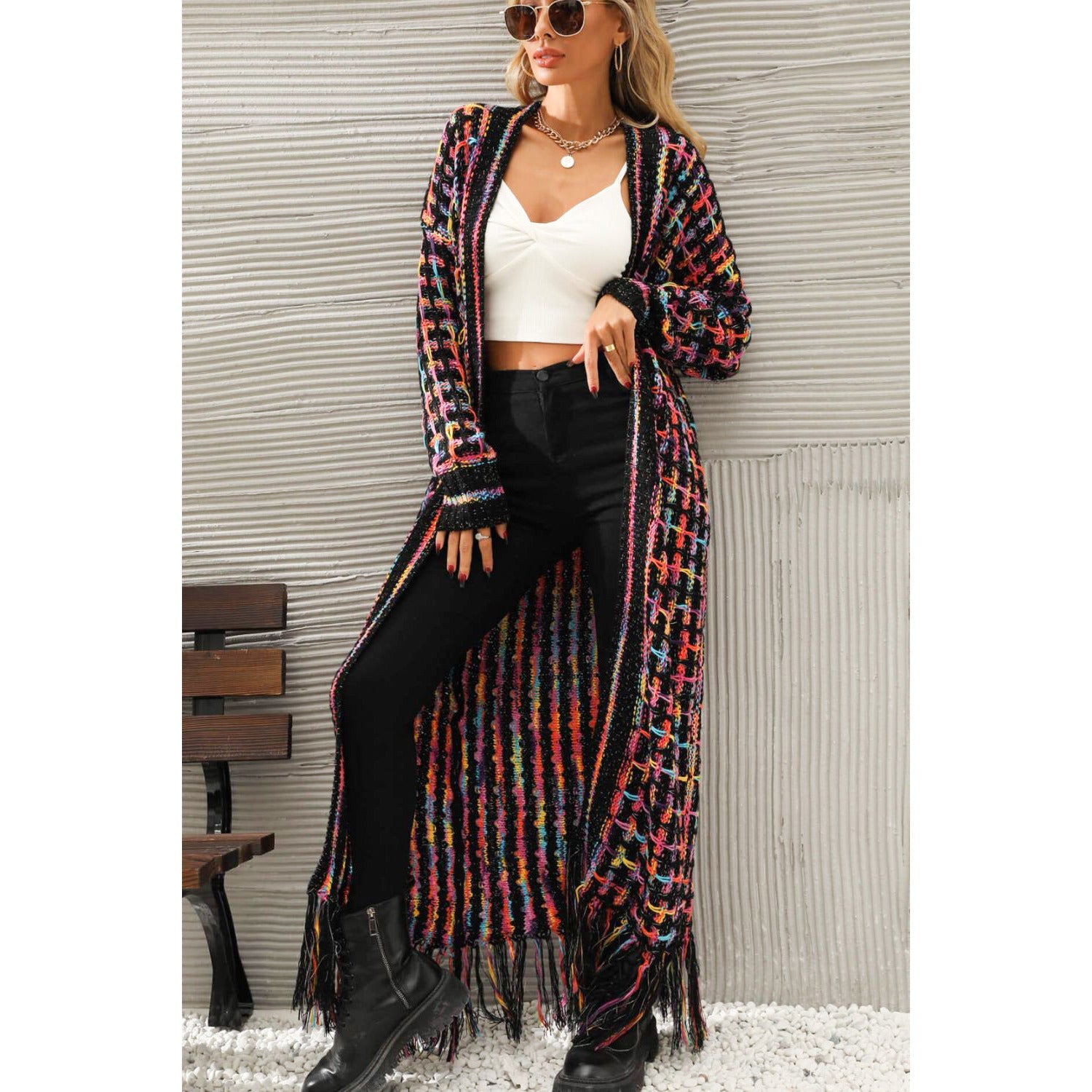 Multicolored Open Front Fringe Hem Cardigan - Amara Luxe Fine Boutique