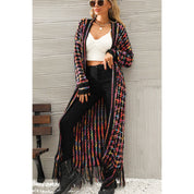 Multicolored Open Front Fringe Hem Cardigan - Amara Luxe Fine Boutique
