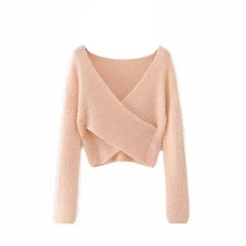 Pink Fluffy Knitted Sweater V-neck Wrap Front Cropped Pullovers - Amara Luxe Fine Boutique