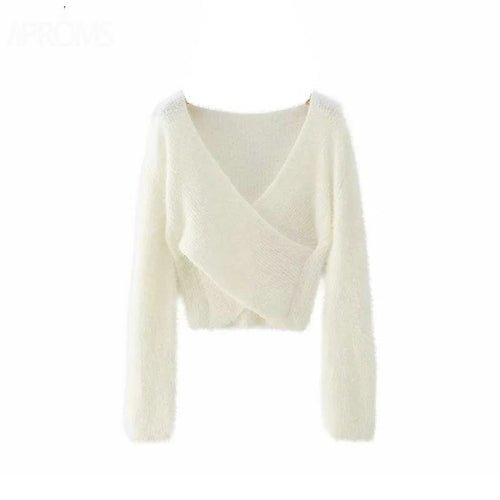 Pink Fluffy Knitted Sweater V-neck Wrap Front Cropped Pullovers - Amara Luxe Fine Boutique