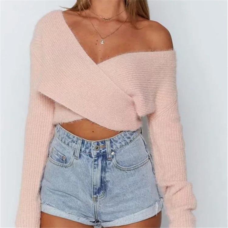 Pink Fluffy Knitted Sweater V-neck Wrap Front Cropped Pullovers - Amara Luxe Fine Boutique