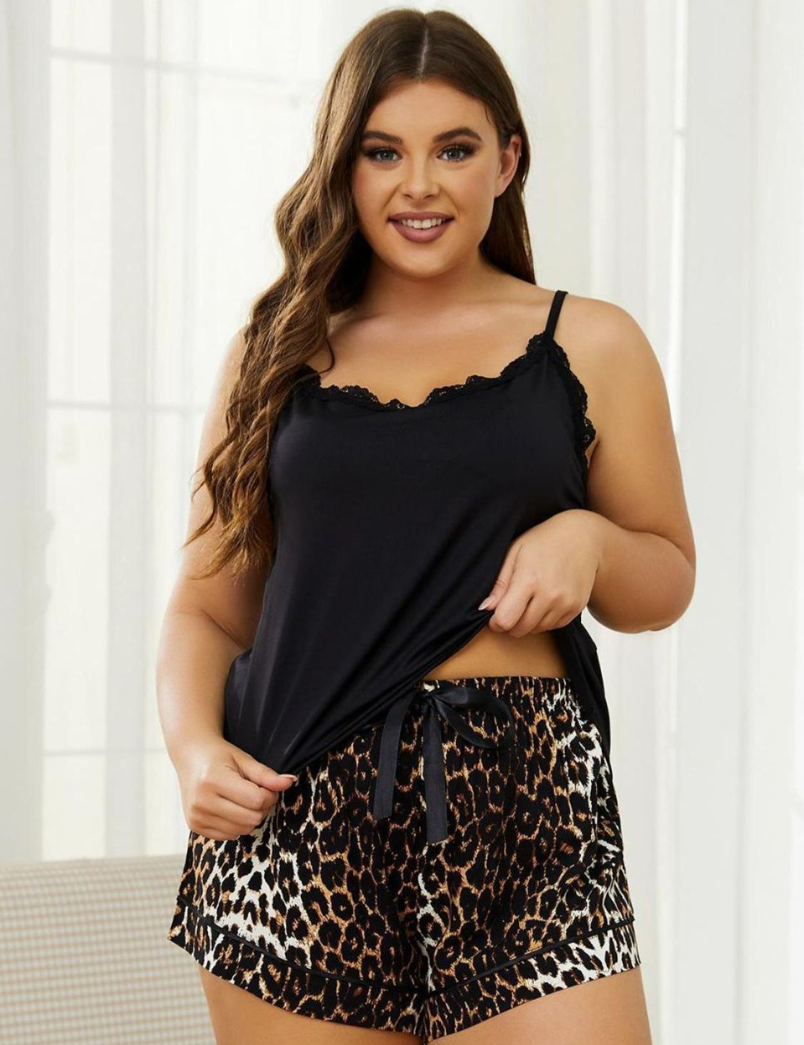 Plus Size Lace Trim Scoop Neck Cami and Printed Shorts Pajama Set - Amara Luxe Fine Boutique