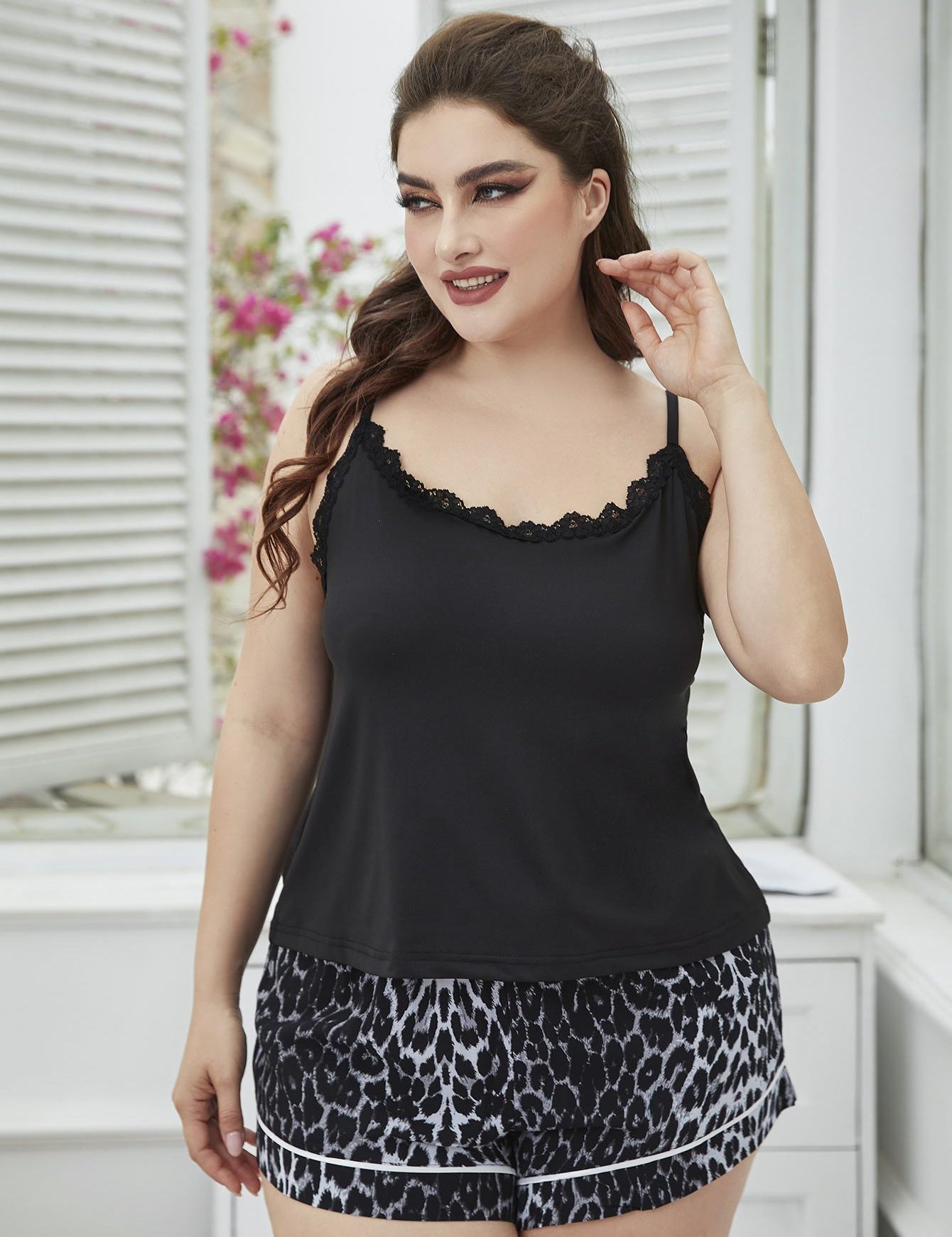 Plus Size Lace Trim Scoop Neck Cami and Printed Shorts Pajama Set - Amara Luxe Fine Boutique