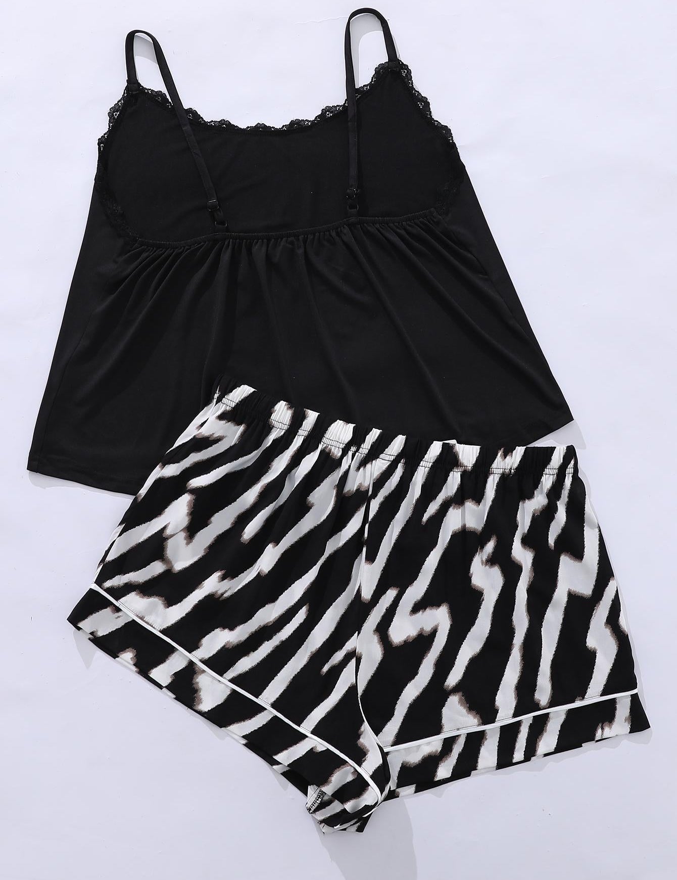 Plus Size Lace Trim Scoop Neck Cami and Printed Shorts Pajama Set - Amara Luxe Fine Boutique
