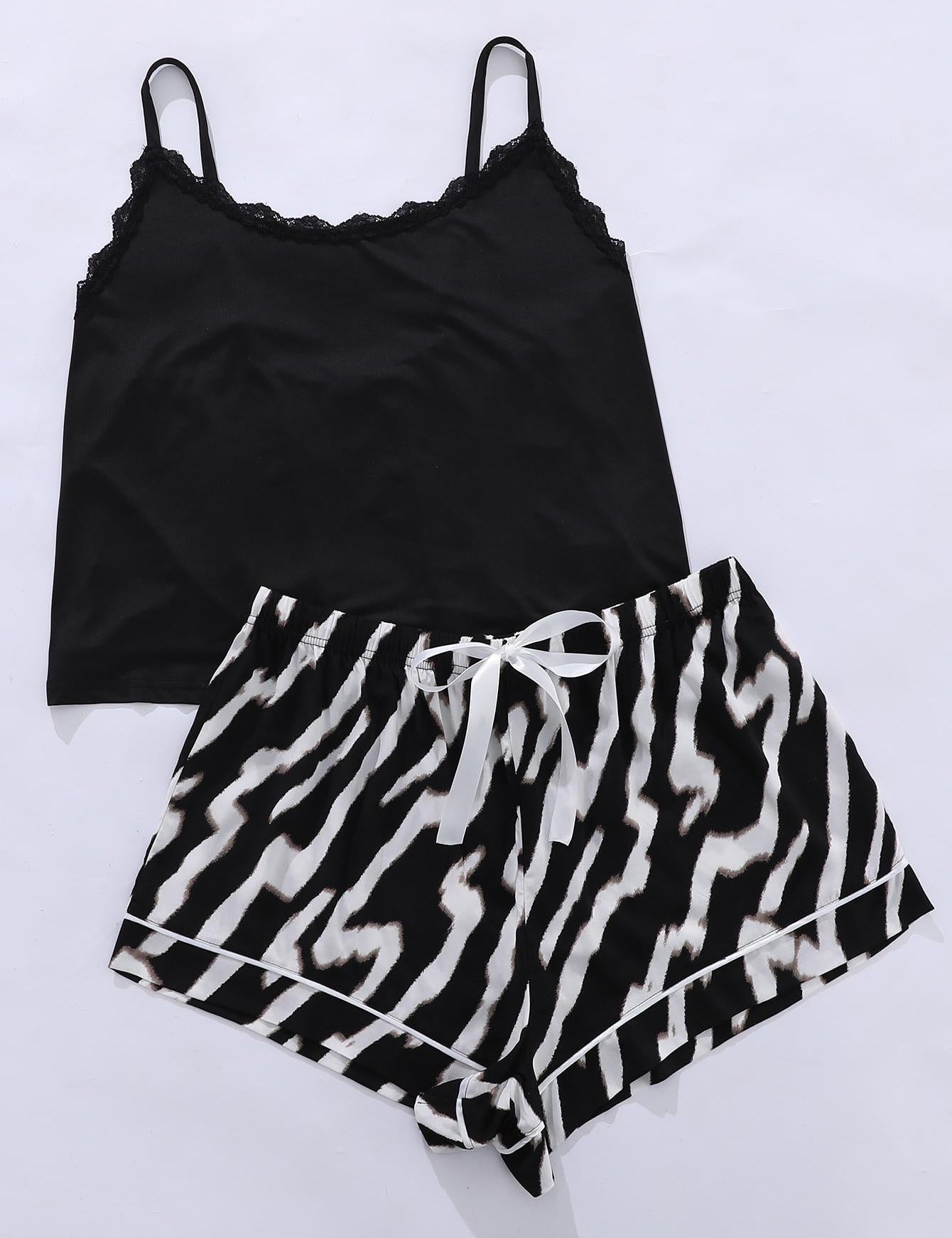 Plus Size Lace Trim Scoop Neck Cami and Printed Shorts Pajama Set - Amara Luxe Fine Boutique