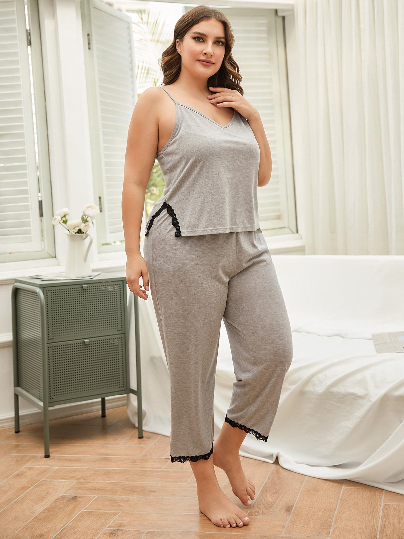 Plus Size Lace Trim Slit Cami and Pants Pajama Set - Amara Luxe Fine Boutique