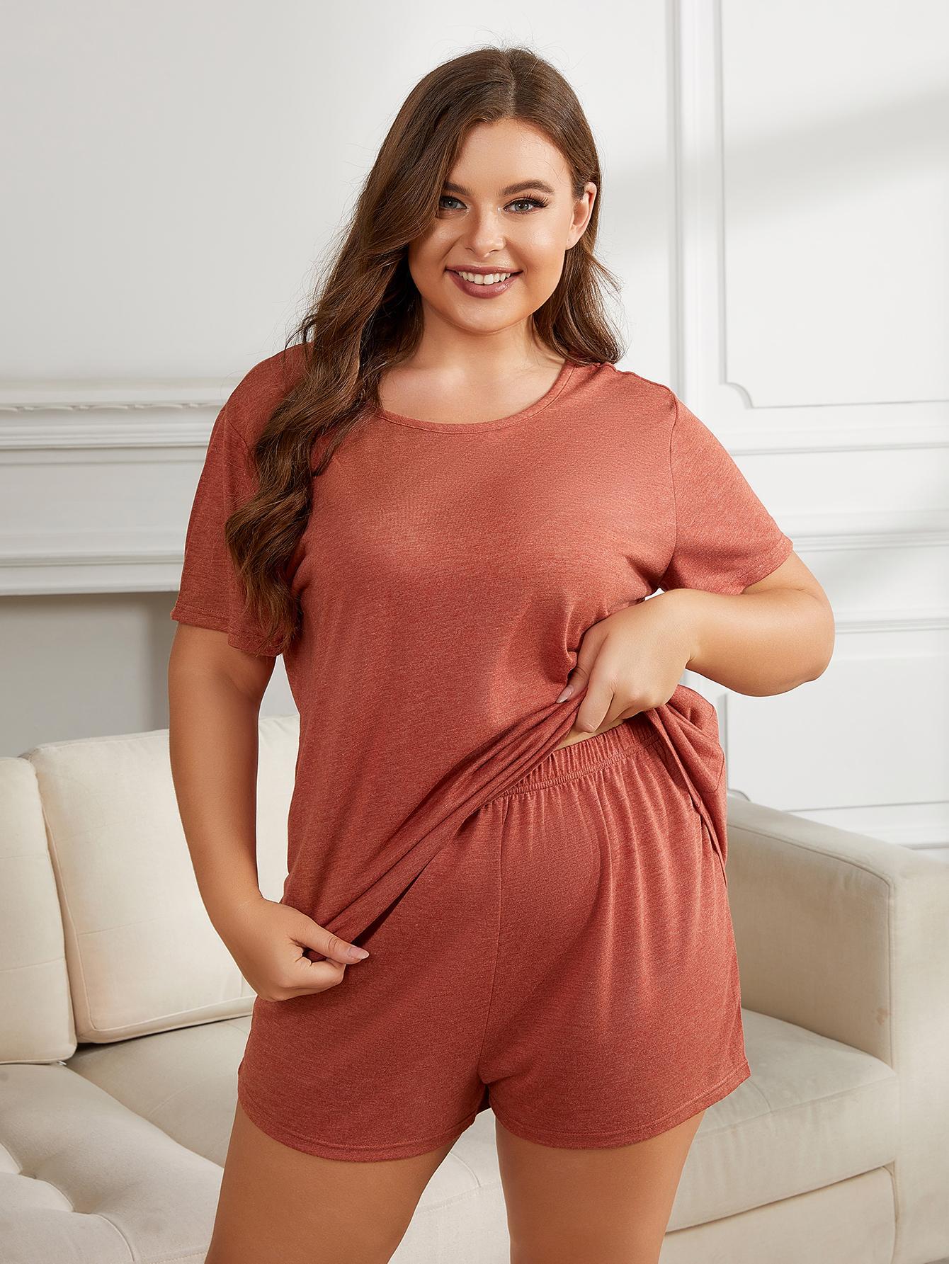 Plus Size Round Neck Short Sleeve Two-Piece Loungewear Set - Amara Luxe Fine Boutique