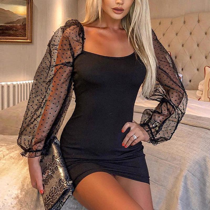 Puff sleeve A-line dot black white dress Women transparent - Amara Luxe Fine Boutique